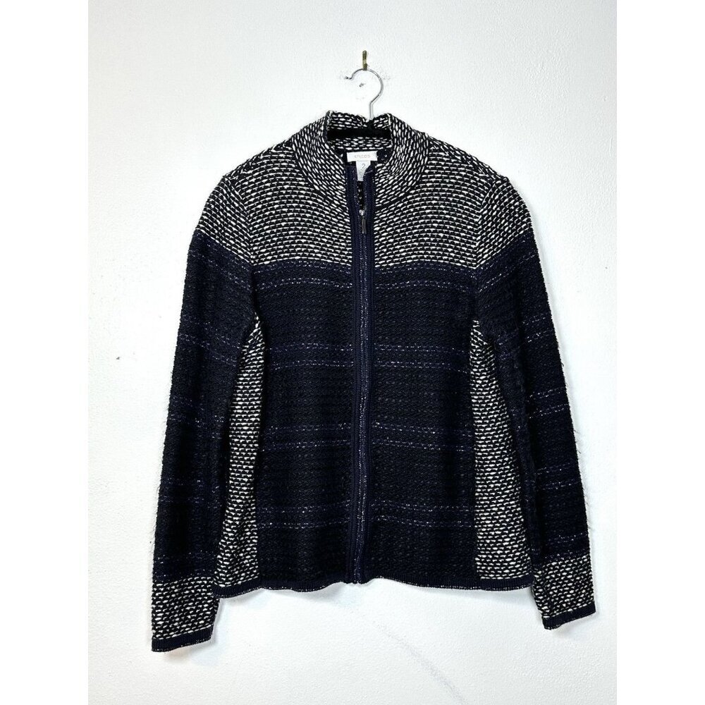 CHICO’S Woman’s Tweed Cardigan Sweater Top Navy Blue sz 2 Knit Casual Colorblock